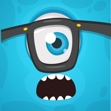 Scary cartoon monster face with one eye and glasses. Vector Halloween monster illustration