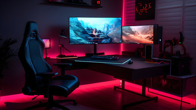 A multi monitor gaming setup with a high-performance gaming computer with RGB lighting, and gaming chair, neural network generated photorealistic image