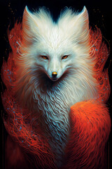 A fantasy white fox on a red background. Generative AI