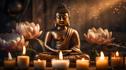 Fototapeta premium Meditating buddha statue in lotus pose with zen candles, ancient temple, mystic oriental culture 