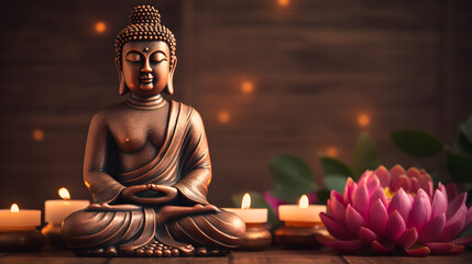 Meditating buddha statue in lotus pose with zen candles, ancient temple, mystic oriental culture 