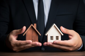 Real estate agent hands holding house model insurance businessman investing private property mortgage home house rent investment apartment for sale flat savings fund business owner landlord market