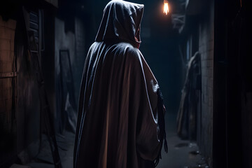 Naklejka premium A shadowy figure cloaked in a tattered robe, standing beneath a flickering streetlamp in an abandoned alleyway, exuding an aura of enigmatic danger. Generative AI