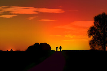 Fototapeta premium A couple riding bicycles on a countryside path, semi-silhouettes against the beautiful gradient of the sunset. Generative AI