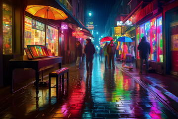 A bustling city street during a rainy night, neon lights painting vibrant colors on the wet pavement, with silhouettes of people holding colorful umbrellas, walking. Generative AI