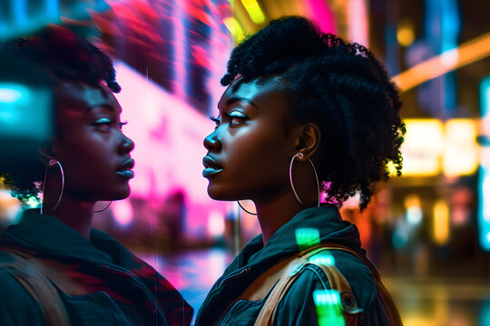 African American girl walking through a vibrant cityscape, her face partly illuminated by the reflections of colorful billboards, showcasing awe and excitement. Generative AI