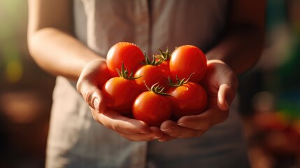 Farmer holds fresh tomatoes in hands. Closeup photo created with Generative AI technology