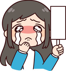 号泣している札を持った女性