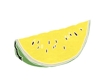 カットされた黄色スイカのイラスト（版画風）