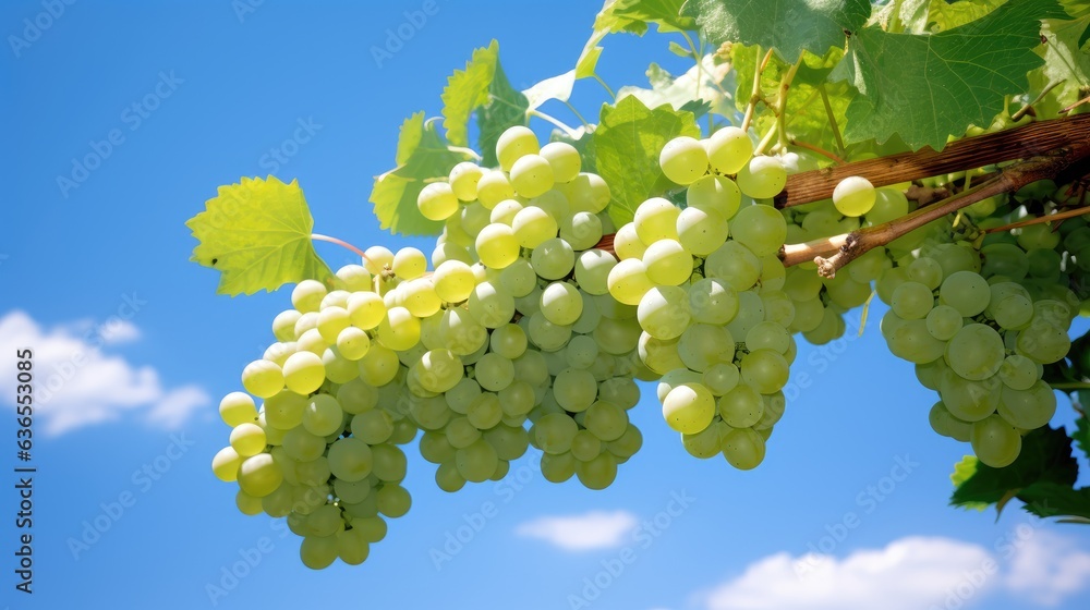 Poster close up of grapes hanging on branch. grapes farm. tasty green grape bunches hanging on branch. crea