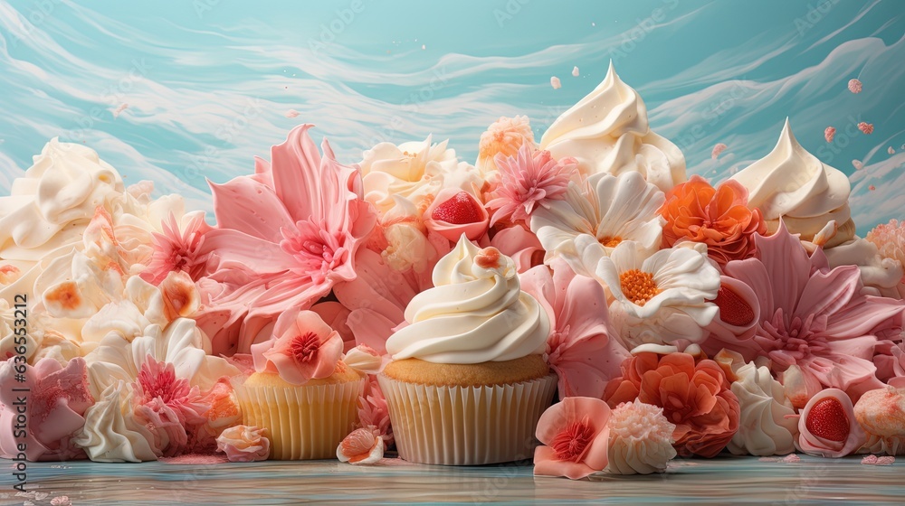 Poster a table with a bunch of cupcakes sitting on top of it, each topped with a generous layer of whipped 