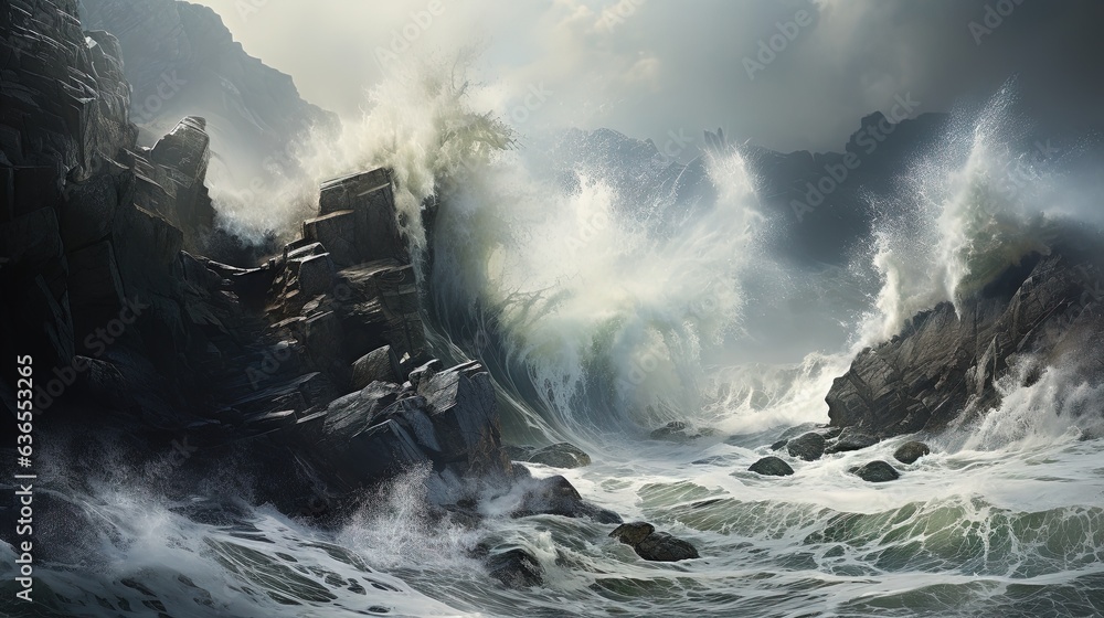 Poster a painting of waves crashing over rocks in the ocean on a cloudy day. generative ai