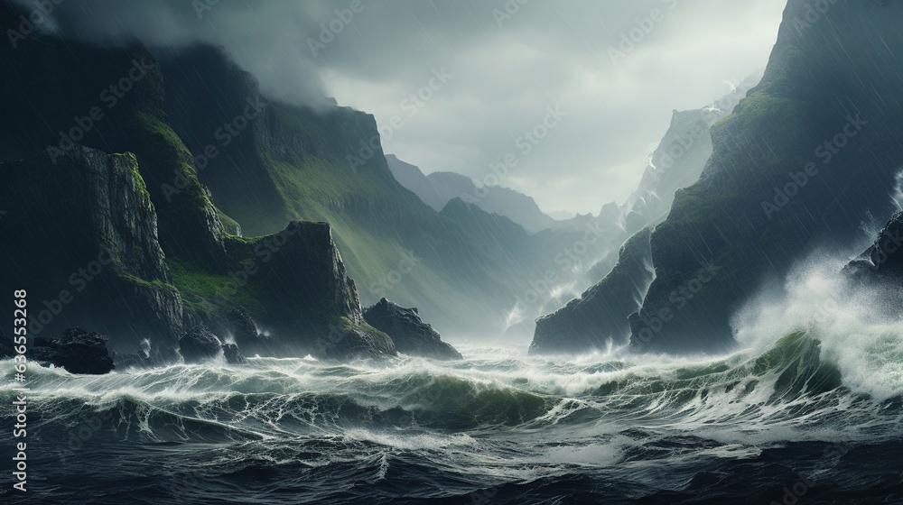 Poster a large body of water surrounded by a mountain range with waves. generative ai