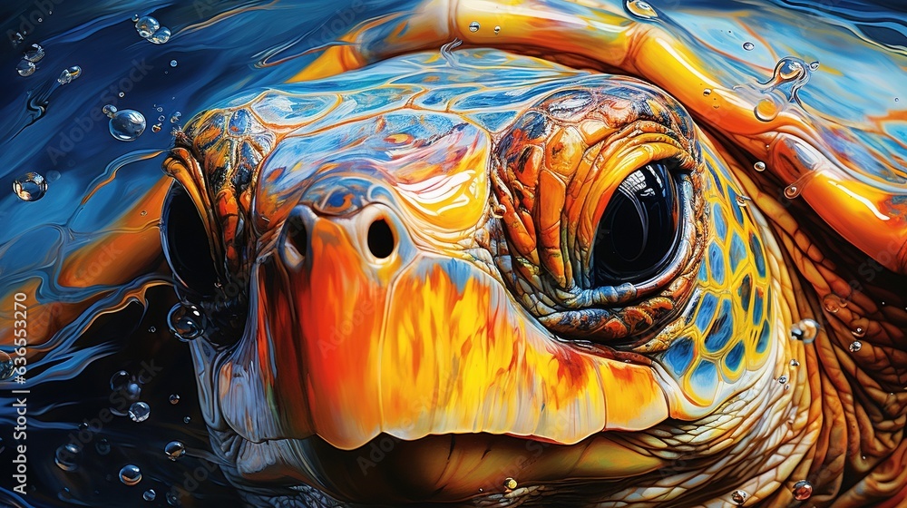 Poster a close up of a turtle's face with bubbles of water around it. generative ai