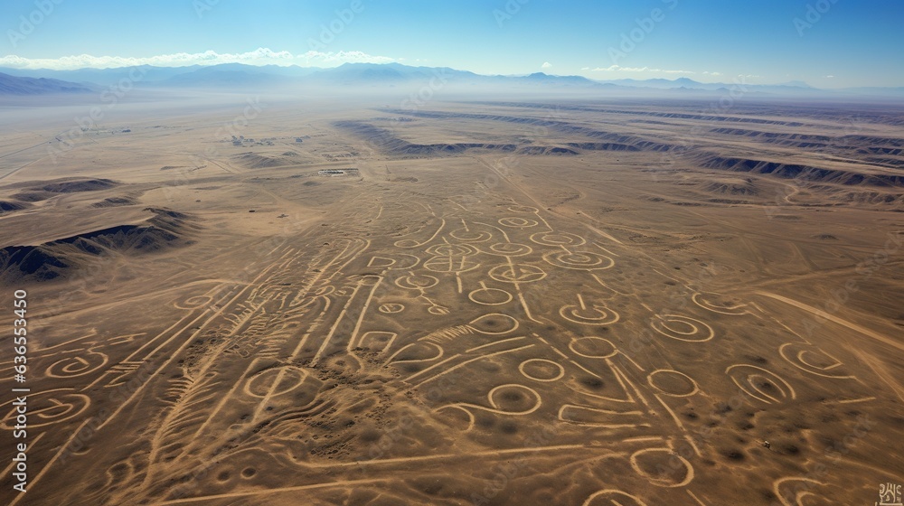 Poster an aerial view of a desert with a lot of writing on it. generative ai
