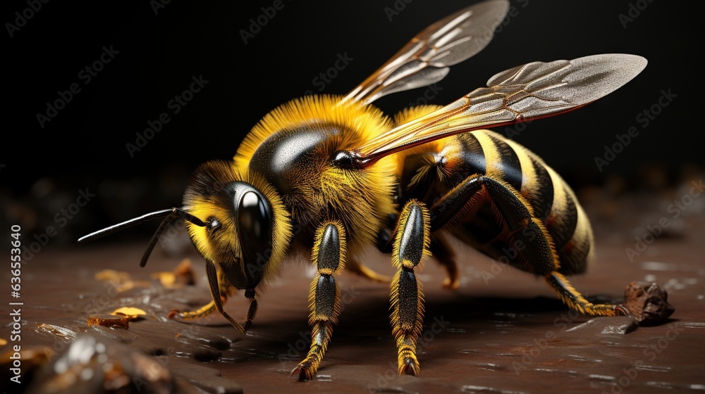 Poster a close up of a bee on a table with a black background. generative ai