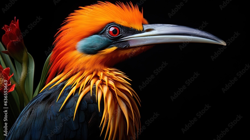 Poster a colorful bird with a long beak and a long bill. generative ai