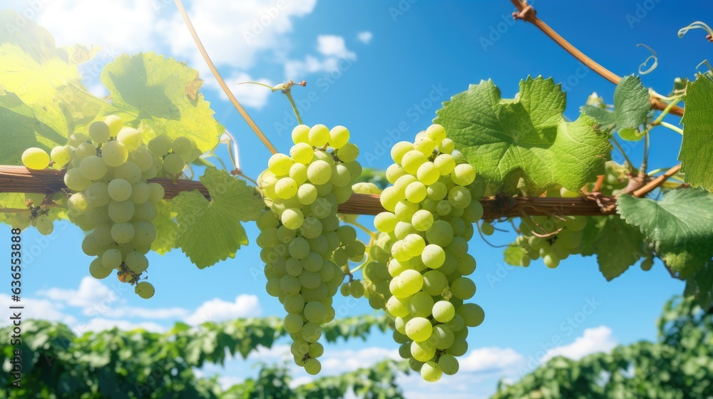 Poster close up of grapes hanging on branch. grapes farm. tasty green grape bunches hanging on branch. crea