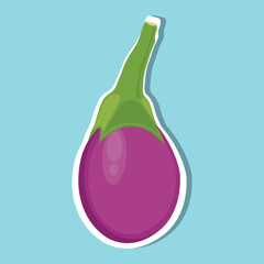 Vector illustration eggplant vegetable sticker in cartoon flat style. Aubergine purple fresh, plant food, organic healthy, agriculture brinjal garden. Raw violet eggplant sliced in white background.