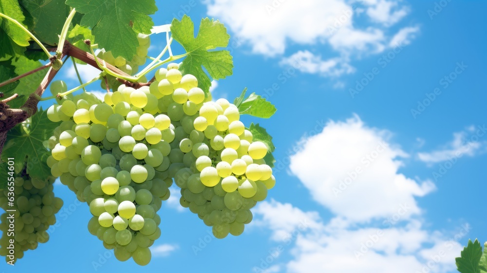 Poster close up of grapes hanging on branch. grapes farm. tasty green grape bunches hanging on branch. crea