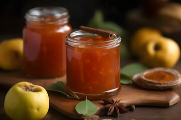 quince compote, sweet preserve made from tangy quince fruit - obrazy, fototapety, plakaty