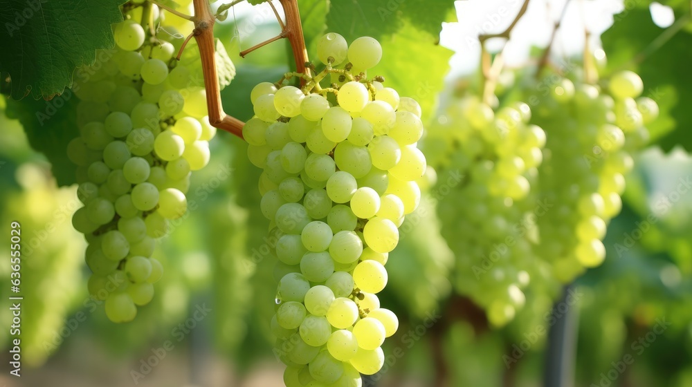 Poster close up of grapes hanging on branch. grapes farm. tasty green grape bunches hanging on branch. crea