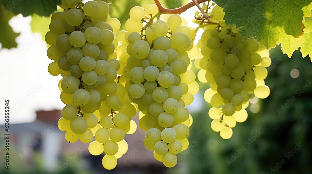 Poster close up of grapes hanging on branch. grapes farm. tasty green grape bunches hanging on branch. crea
