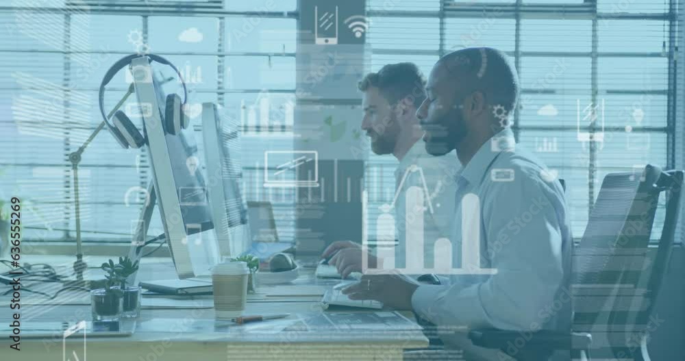 Poster animation of multiple graphs, icons and trading board, diverse coworkers using desktop in office
