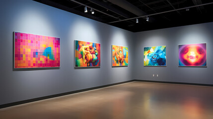 In a gallery space, abstract pixelated imagery evolves into a three-dimensional masterpiece