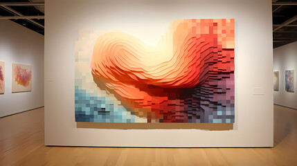 In a gallery space, abstract pixelated imagery evolves into a three-dimensional masterpiece