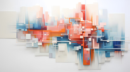 In a gallery space, abstract pixelated imagery evolves into a three-dimensional masterpiece