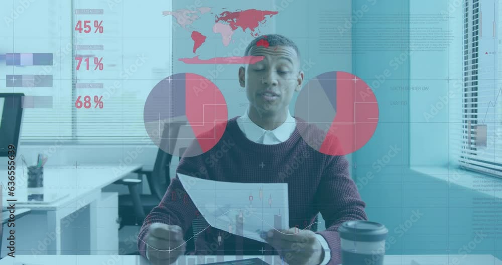 Poster animation of infographic interface over biracial man discussing reports on video call in office
