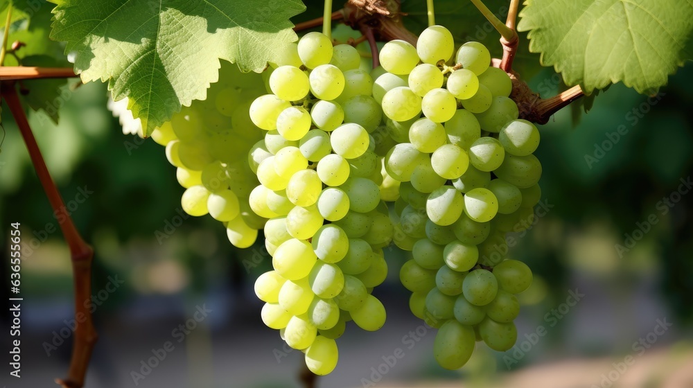 Poster close up of grapes hanging on branch. grapes farm. tasty green grape bunches hanging on branch. crea