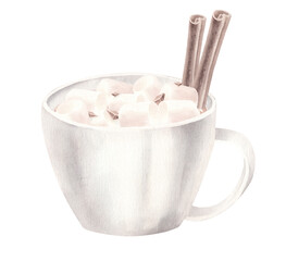 Cup of coffee with marshmallow and cinnamon sticks. Watercolor cup of hot chocolate with marshmallow and cinnamon sticks.