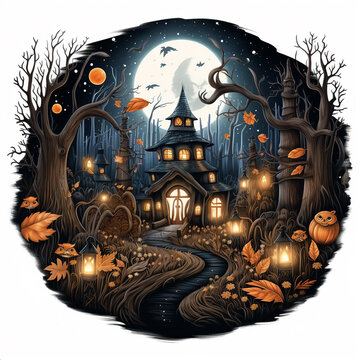 Pumpkin Patch Delight: Create a whimsical scene of a pumpkin patch in the moonlight. Incorporate smiling pumpkins of various sizes, some nestled beside a white picket fence, and others surrounded by f