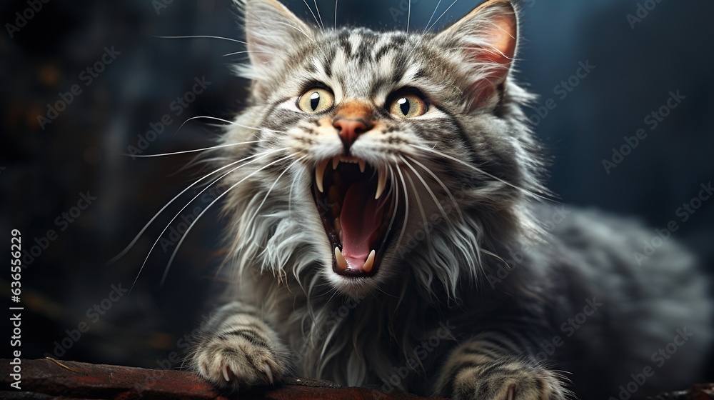 Poster a cat with it's mouth open and it's mouth wide open. generative ai