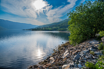 Fjord coast with trees and rocks. Blue sky with white clouds.