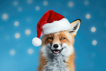 Adorable fox is wearing a Christmas hat. Posing on blue background, funny looking. Celebrating Christmas concept.