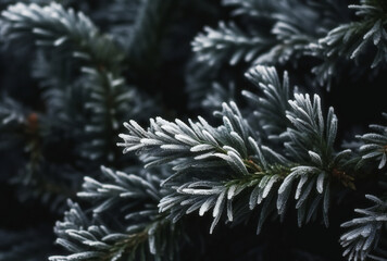 Close-up of a Frazier fir tree branch covered in frost.