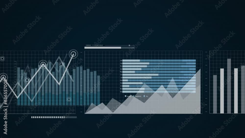 Poster animation of multiple graphs and loading bars over abstract background