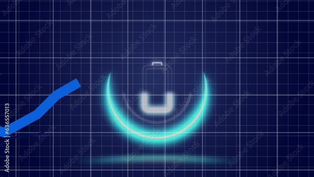 Poster animation of graphs with grid pattern over battery icon in loading circle on abstract background