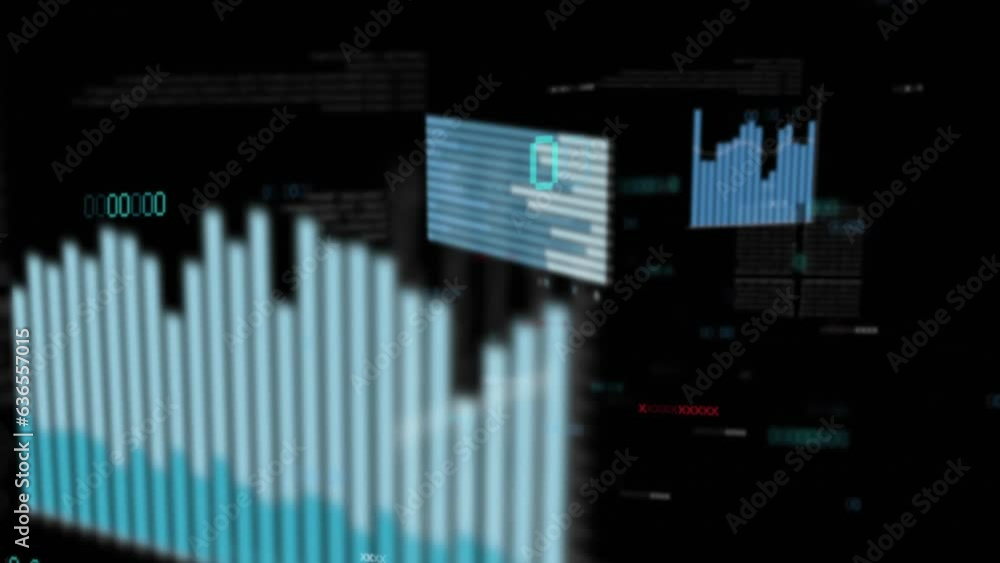 Poster animation of multiple graphs and changing numbers over black background
