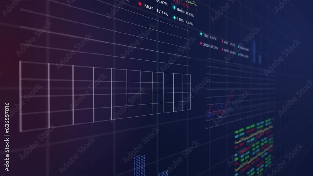 Poster animation of multiple graphs with changing numbers and trading boards over black background