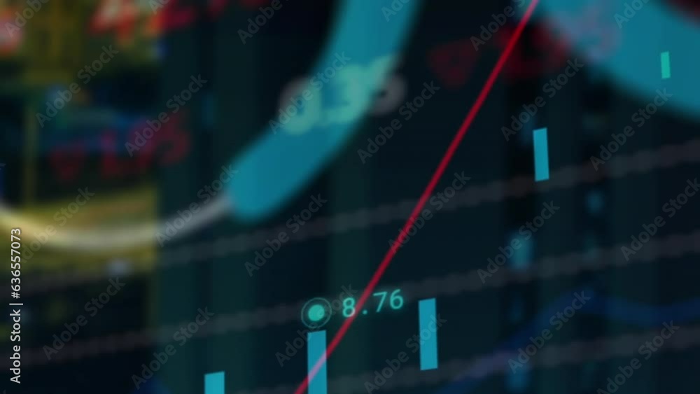 Poster animation of multiple graphs and trading board over midsection of modern building in background