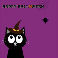 Black cat head face wearing a witch hat. Happy Halloween. Cute cartoon character greeting card flat design.