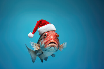 Wondering fish wearing a Christmas hat. Posing on blue background, funny looking. Celebrating Christmas concept.