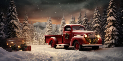 Nostalgic Holiday Ride: Red Truck in Snowy Christmas Scene
