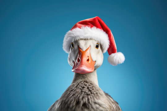 Pekin duck is wearing a Christmas hat. Proudly posing on blue background, funny looking. Celebrating Christmas concept.