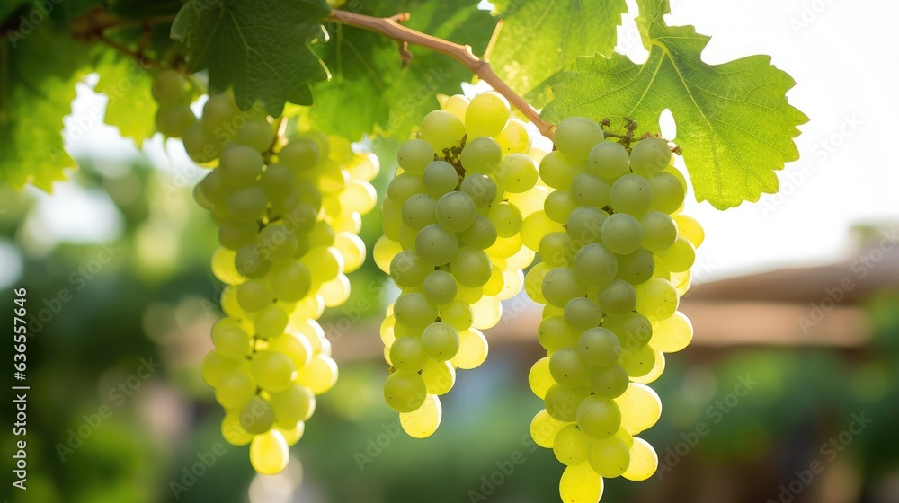 Poster close up of grapes hanging on branch. grapes farm. tasty green grape bunches hanging on branch. crea
