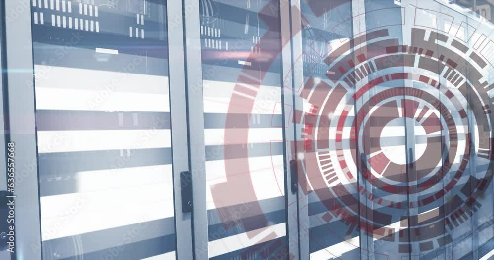Poster Animation of loading circles and moving bars on data server racks in server room